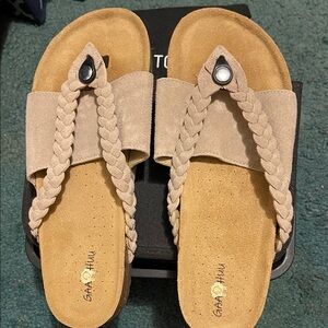 GAAHUU Women's Braided Suede Toe-Post Sandals in Beige